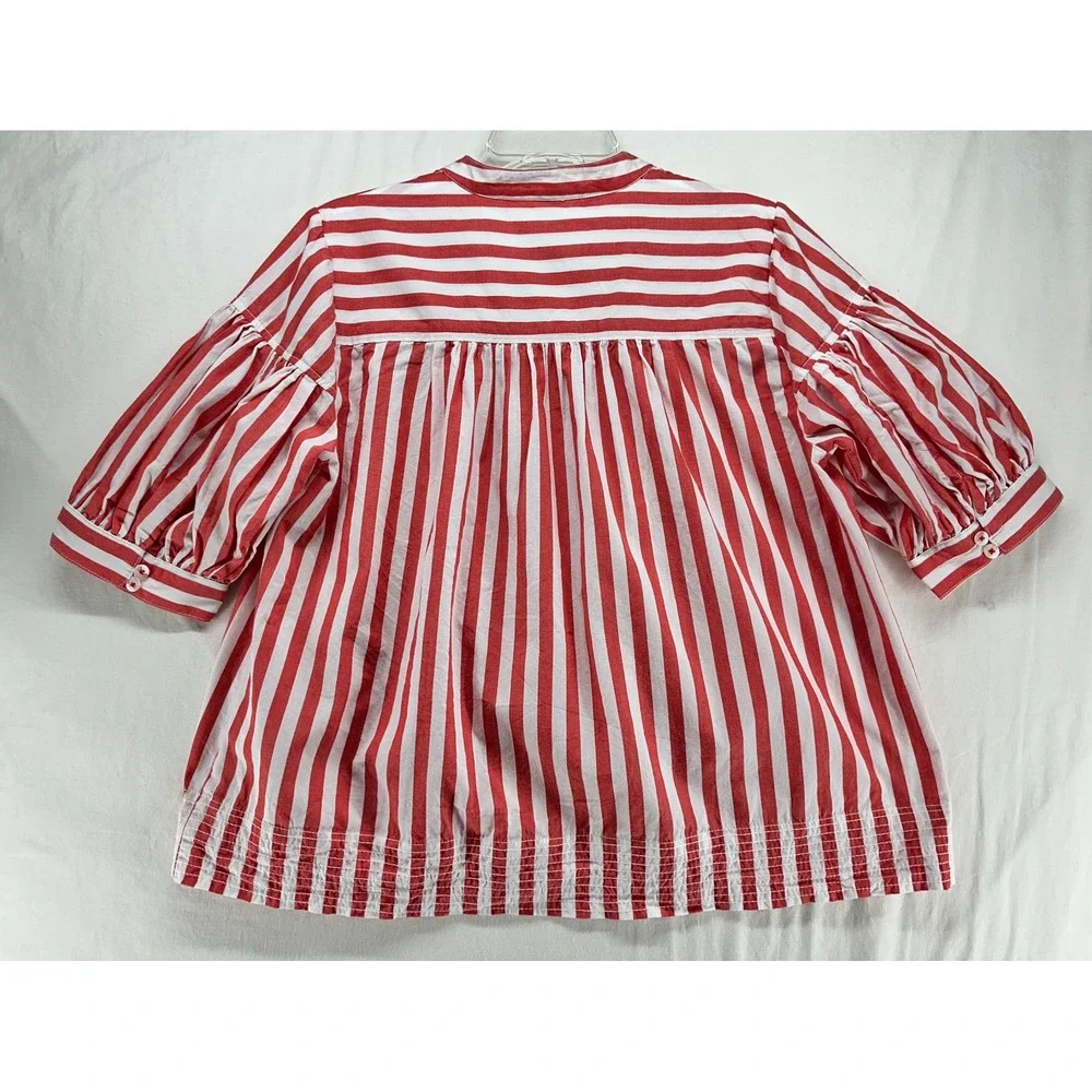 Anthropologie Red White Striped Puff Sleeve Cotton Blouse Top Shirt Boho Medium